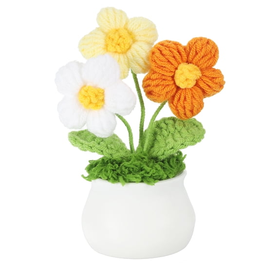 Uxcell Crochet Flowers Potted, Handmade Knitted Mini Potted Plants Puff Knitting Artificial Flowers, White Yellow