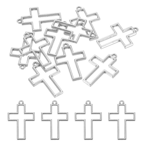 Uxcell Cross Shape Alloy Open Back Bezel Pendants DIY Hollow Resin Frame, Silver Tone 20 Pack