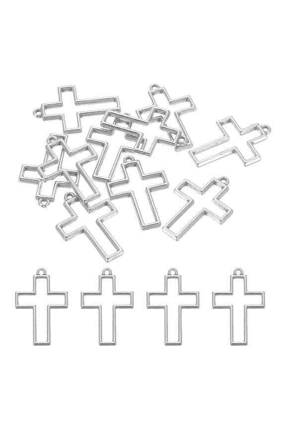 Cross Shape Alloy Open Back Bezel Pendants DIY Hollow Resin Frame, Silver Tone 20 Pack