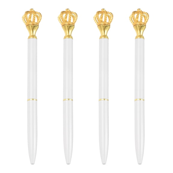 Uxcell Crown Ballpoint Pen, 4Pcs Sparkling Bling Metal Pen with Crown Top Elegant 1.0mm Black Ink Ballpoint Refillable for Office Business Wedding Party Birthday Gift, White/Gold