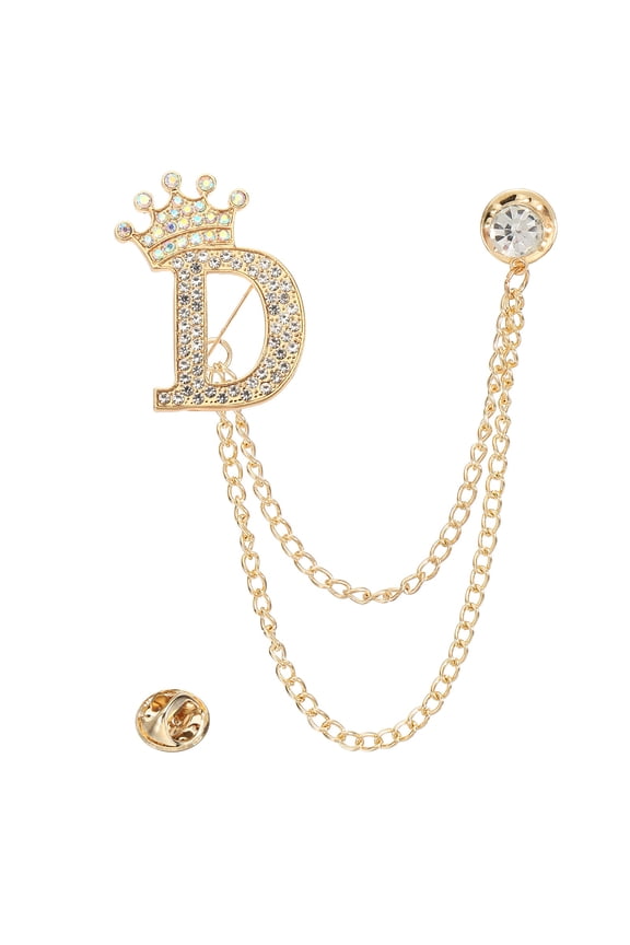 Crown Letter D Hanging Chain Brooch Suit Pin Set, Gold, Initial A-Z Rhinestone Tassel Chain Lapel Pins & Crown Brooches Kit for Men Women Suit Tuxedo DIY Accessories