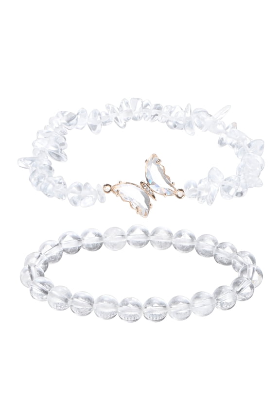 Crystal Bracelets for Women, Amethyst Beaded Bracelet Butterfly Charm Stretch for Couple Gifts, Clear, 2 Pack