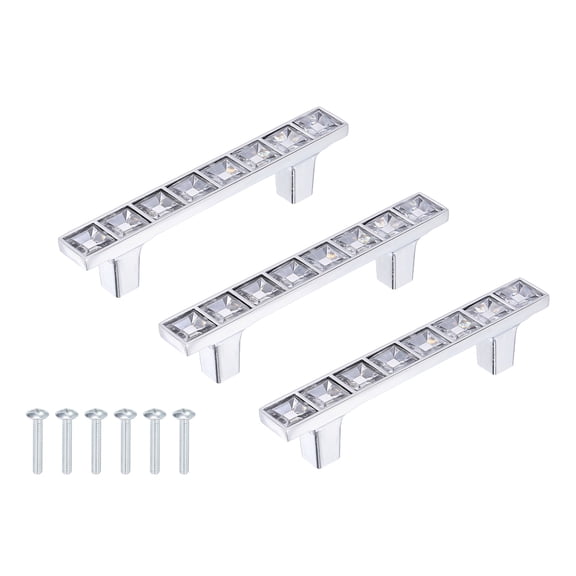 Uxcell Crystal Drawer Pulls, 2.5" Hole Center Zinc Alloy Cabinet Pulls Handles with Screws for Kitchen Bedroom Dresser Cupboard Wardrobe, Silver, 3 Pcs (4" Length)