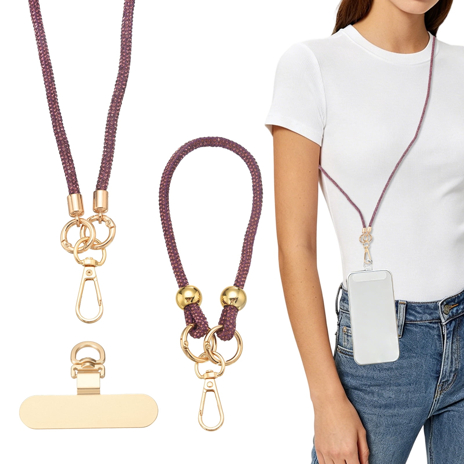 Uxcell Crystal Phone Strap Crossbody and Wrist Lanyard, Anti Theft Phone Strap Rhinestone Cell Phone Lanyard Necklace with Tether Tabs for Most Smartphones Women, Light Purple