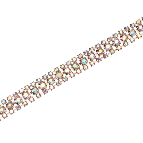 Uxcell Crystal Rhinestone Close Chain Trim, 3 Rows 1 Yards Dress Embellishments, Sparkly Diamond Strips Applique for Craft [Rose Gold-Based White AB]