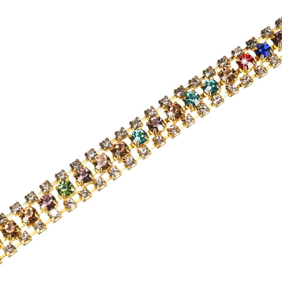 Uxcell 1 Pack Crystal Rhinestone Close Chain Trim 3 Rows 1 Yard Dress Embellishments Gold-Based AB Mixed Color