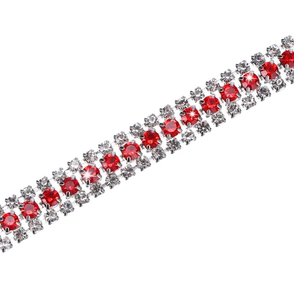 Uxcell Crystal Rhinestone Close Chain Trim, 3 Rows 2 Yards Dress Embellishments, Sparkly Diamond Strips Applique for Craft [Silver-Based Light Red]