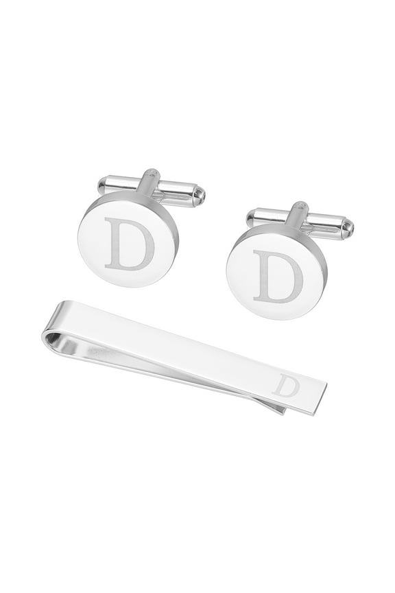 Cuff Links, Initial Tie Clip and Cufflink Set for Men Classic Copper, Letter D(Silver Tone)