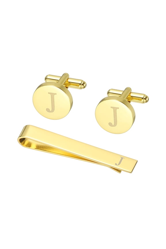 Cuff Links, Initial Tie Clip and Cufflink Set for Men Classic Copper, Letter J(Gold Tone)