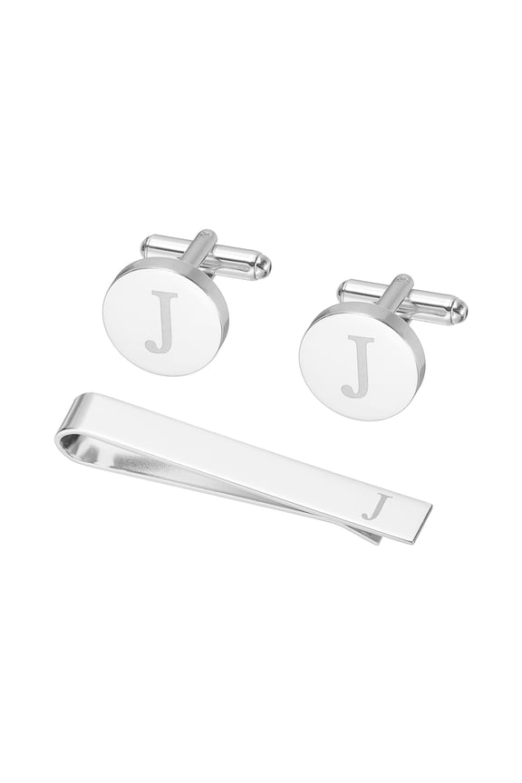 Cuff Links, Initial Tie Clip and Cufflink Set for Men Classic Copper, Letter J(Silver Tone)