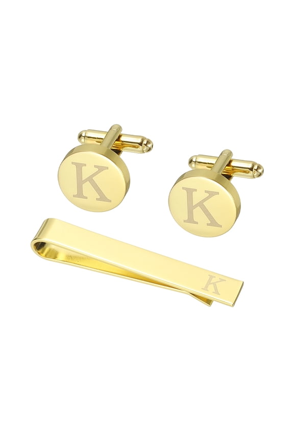 Cuff Links, Initial Tie Clip and Cufflink Set for Men Classic Copper, Letter K(Gold Tone)