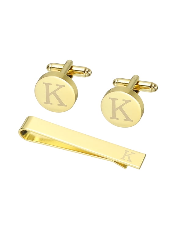 Cuff Links, Initial Tie Clip and Cufflink Set for Men Classic Copper, Letter K(Gold Tone)