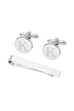 Cuff Links, Initial Tie Clip and Cufflink Set for Men Classic Copper, Letter K(Silver Tone)
