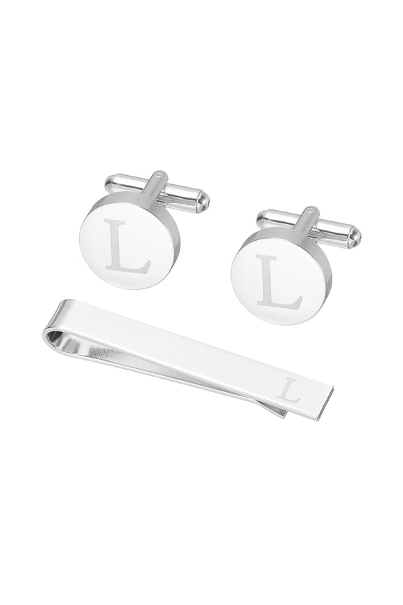 Cuff Links, Initial Tie Clip and Cufflink Set for Men Classic Copper, Letter L(Silver Tone)