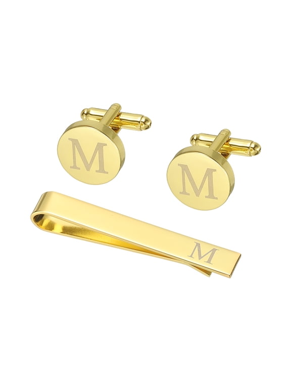 Cuff Links, Initial Tie Clip and Cufflink Set for Men Classic Copper, Letter M(Gold Tone)