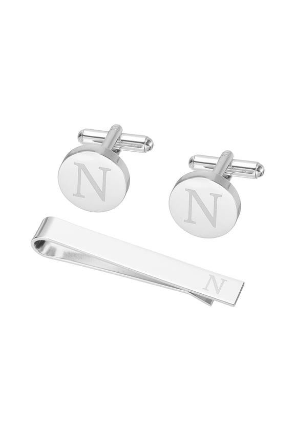 Cuff Links, Initial Tie Clip and Cufflink Set for Men Classic Copper, Letter N(Silver Tone)