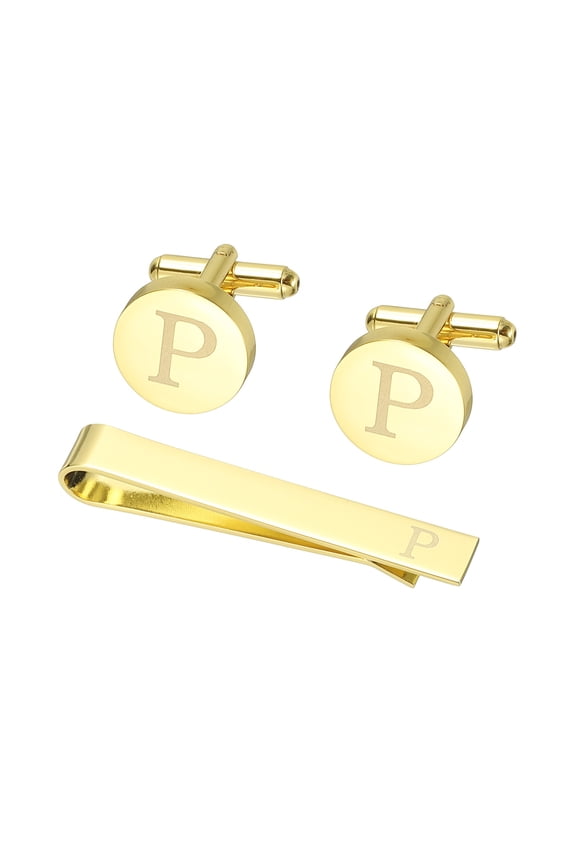 Cuff Links, Initial Tie Clip and Cufflink Set for Men Classic Copper, Letter P(Gold Tone)