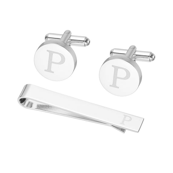 Uxcell Cuff Links, Initial Tie Clip and Cufflink Set for Men Classic Copper, Letter P(Silver Tone)