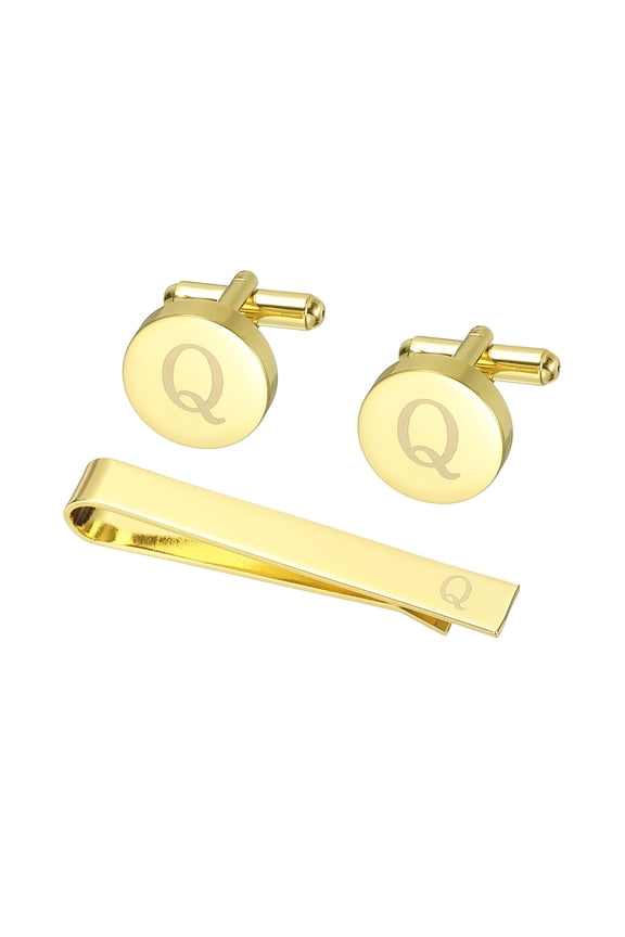 Cuff Links, Initial Tie Clip and Cufflink Set for Men Classic Copper, Letter Q(Gold Tone)