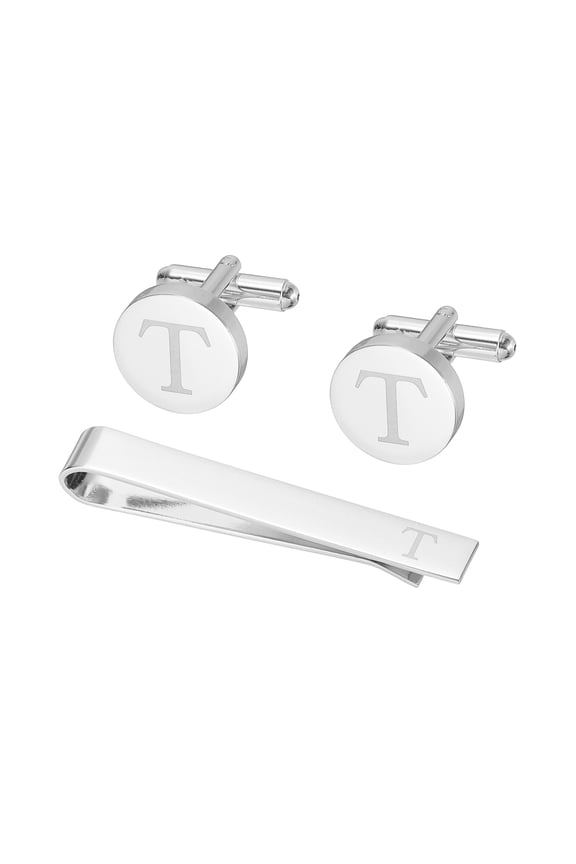 Cuff Links, Initial Tie Clip and Cufflink Set for Men Classic Copper, Letter T(Silver Tone)