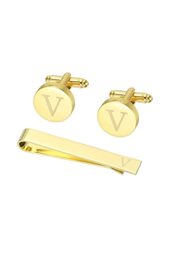 Cuff Links, Initial Tie Clip and Cufflink Set for Men Classic Copper, Letter V(Gold Tone)