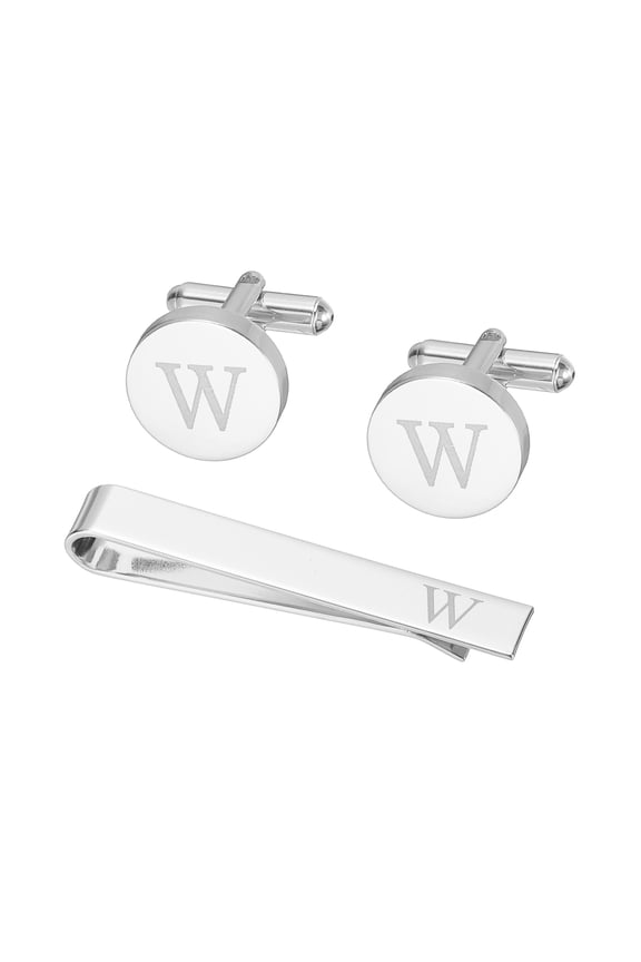 Cuff Links, Initial Tie Clip and Cufflink Set for Men Classic Copper, Letter W(Silver Tone)