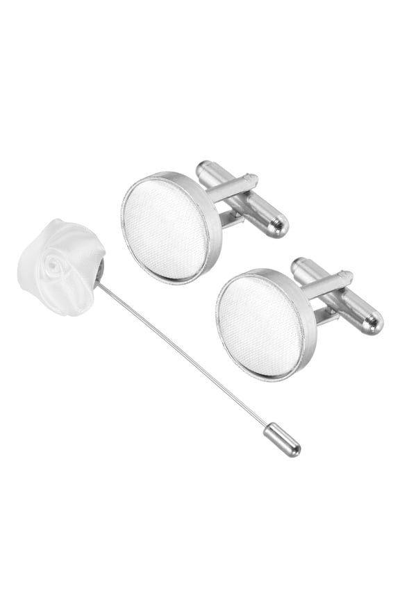 Cufflinks Brooch Lapel Pin Set, Fabric Cufflink and Rose Boutonnieres Corsage Kit for Men Wedding Business Party Suit Shirt Clothing Father Husband Gift(White)
