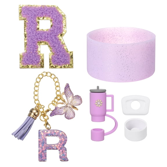 Uxcell Cup Accessories Set for Cup Tumbler with Handle, Including Silicone Straw Cover, Boot, Spill Proof Stopper, Handle Charm, Initials Sticker Letter R