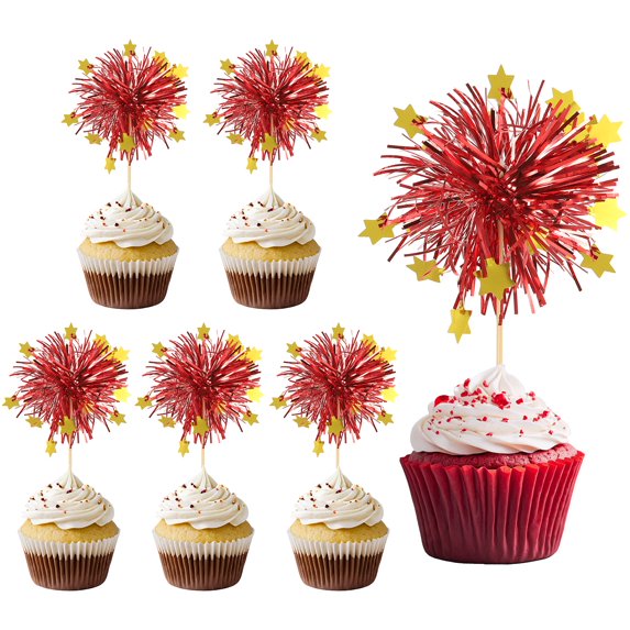 Firework Cupcake Toppers 30 Pcs Sparkle Tinsel Snow Cupcake Picks Birthday Party Graduation Wedding Foil Decor Cocktail Food Fruit Toothpicks Christmas Red