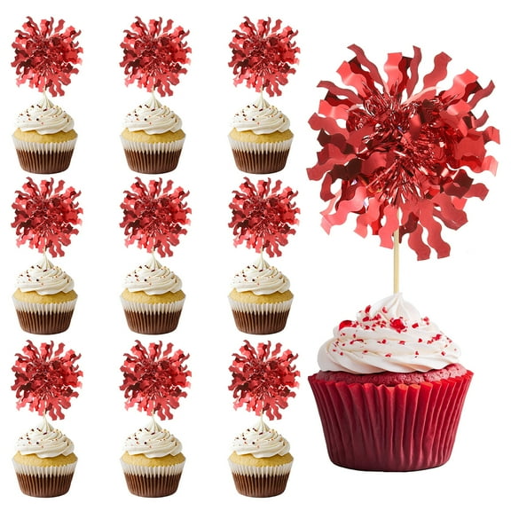 Firework Cupcake Toppers, 50 Pcs Sparkle Tassel Cupcake Picks Birthday Party Graduation Wedding Foil Decor Cocktail Food Fruit Toothpicks Christmas, Red