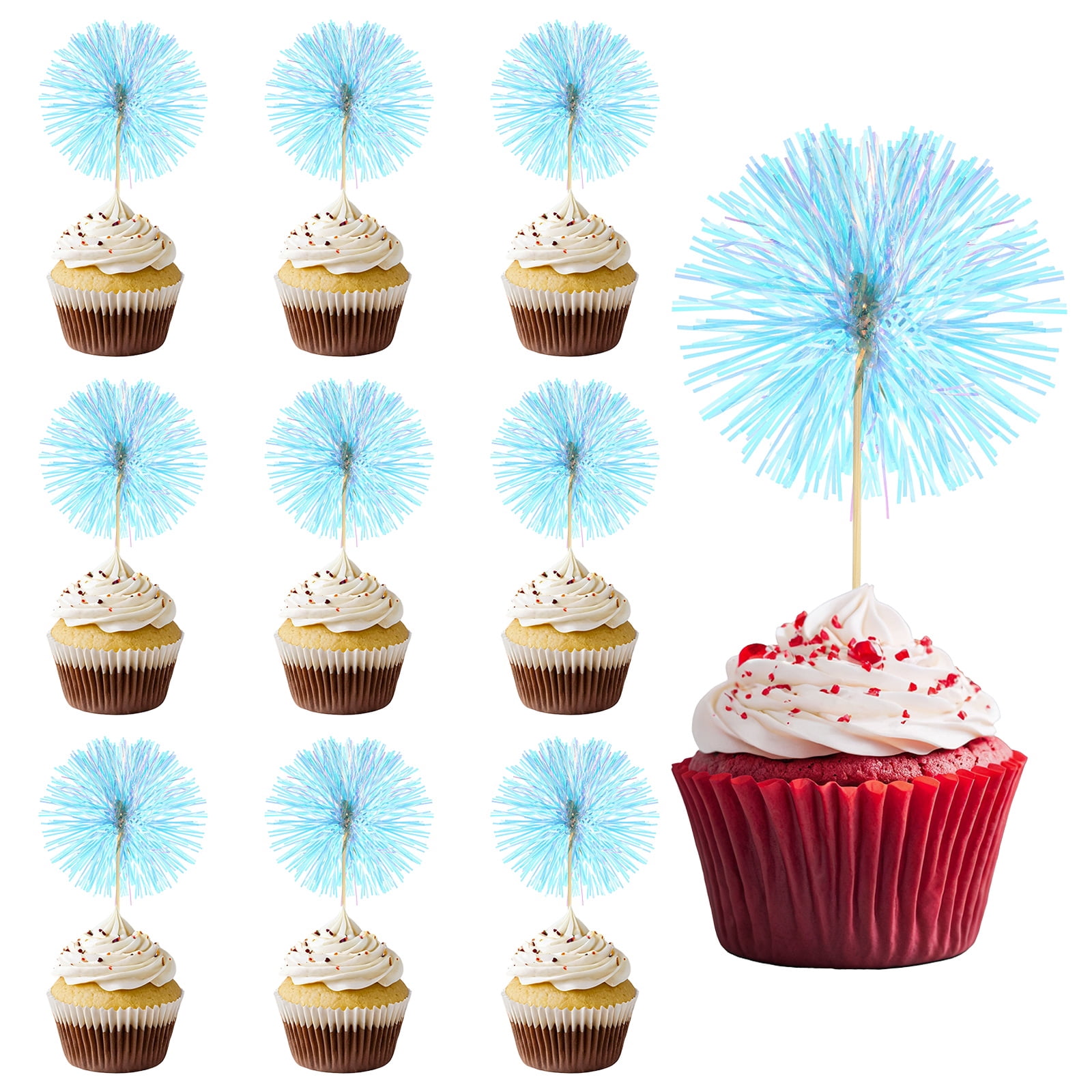 40 Pcs Foil Tinsel Cake Toppers - Firework Sparkle Cupcake Picks For Birthday, Wedding, Party Decor