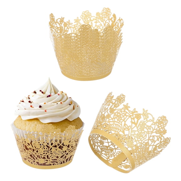 Uxcell Cupcake Wrappers Paper, 50 Pack Baking Cups Standard Rose Decoration for Anniversary Birthday Weddings and Parties, Gold