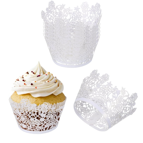 Uxcell Cupcake Wrappers Paper, 50 Pack Baking Cups Standard Rose Decoration for Anniversary Birthday Weddings and Parties, White