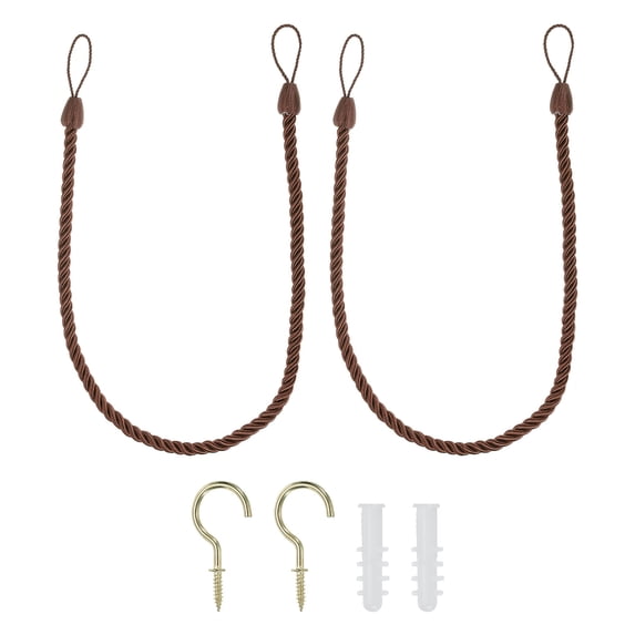Uxcell Curtain Tiebacks Ropes, 2 Pack Braided Curtain Tie Backs with Screw Hooks & Bolts, Dark Brown