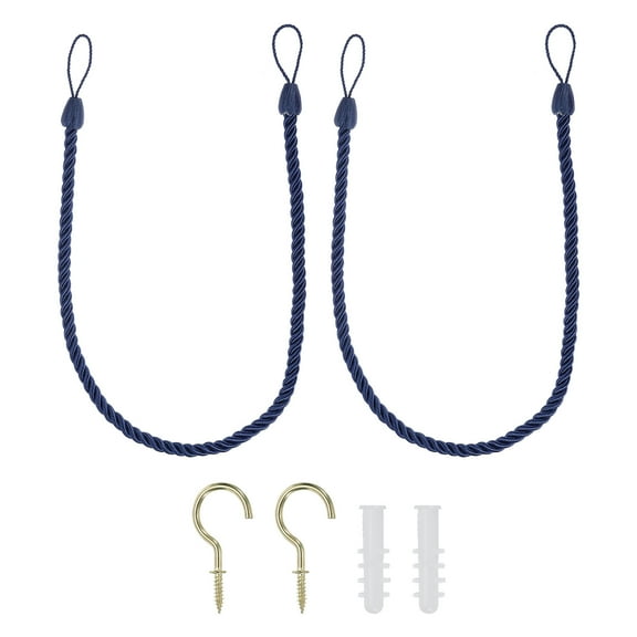 Uxcell Curtain Tiebacks Ropes, 2 Pack Braided Curtain Tie Backs with Screw Hooks & Bolts, Navy Blue