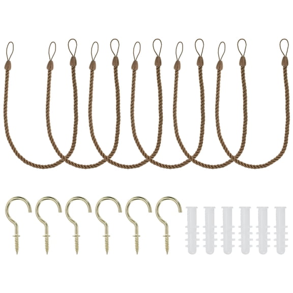 Uxcell Curtain Tiebacks Ropes, 6 Pack Braided Curtain Tie Backs with Screw Hooks & Bolts, Khaki