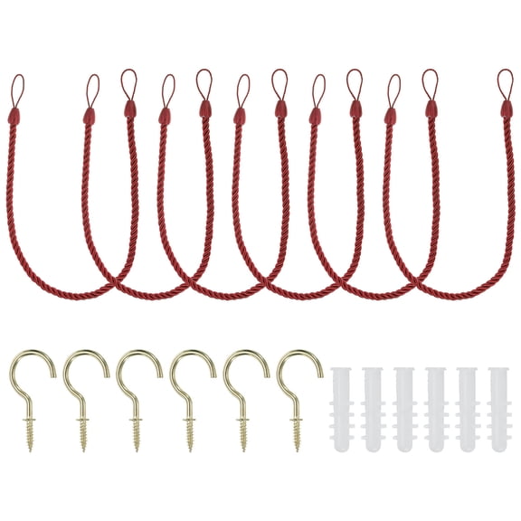 Uxcell Curtain Tiebacks Ropes, 6 Pack Braided Curtain Tie Backs with Screw Hooks & Bolts, Red