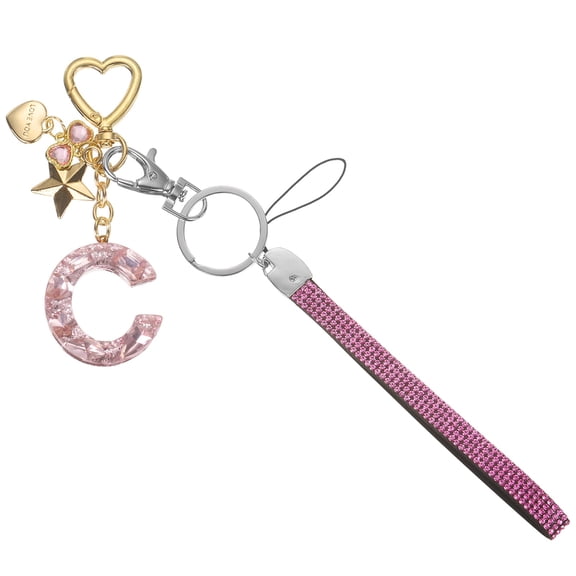 Uxcell Cute Initial Letter Keychain - Bling Love Heart Star Keychains Women Key Chain with Wristlet for Bag Backpack Purse Car Keys Cup Accessories, Pink (Letter-C)