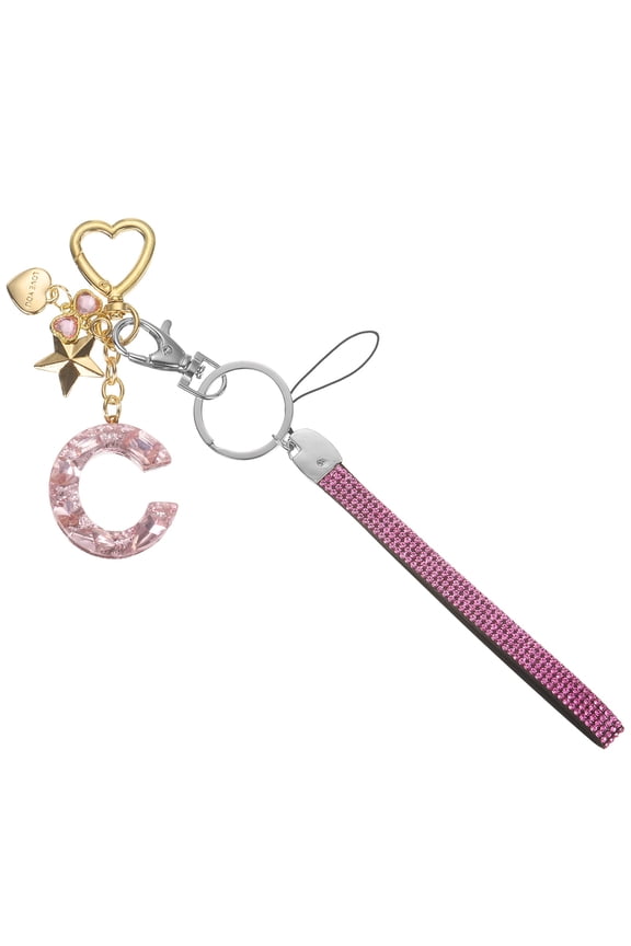 Cute Initial Letter Keychain - Bling Love Heart Star Keychains Women Key Chain with Wristlet for Bag Backpack Purse Car Keys Cup Accessories, Pink (Letter-C)