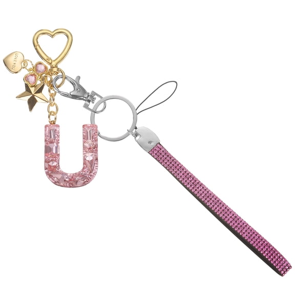 Uxcell Cute Initial Letter Keychain - Bling Love Heart Star Keychains Women Key Chain with Wristlet for Bag Backpack Purse Car Keys Cup Accessories, Pink (Letter-U)