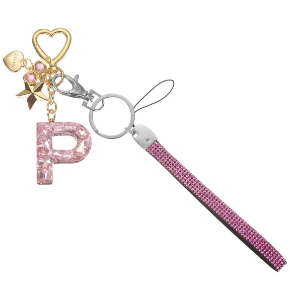 Uxcell Cute Initial Letter Keychain - Bling Love Heart Star Keychains Women Key Chain with Wristlet for Bag Backpack Purse Car Keys Cup Accessories, Pink (Letter-P)