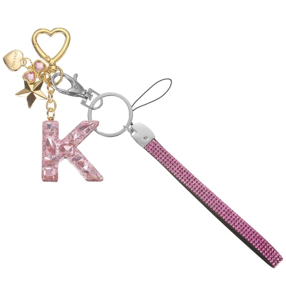 Uxcell Cute Initial Letter Keychain - Bling Love Heart Star Keychains Women Key Chain with Wristlet for Bag Backpack Purse Car Keys Cup Accessories, Pink (Letter-K)
