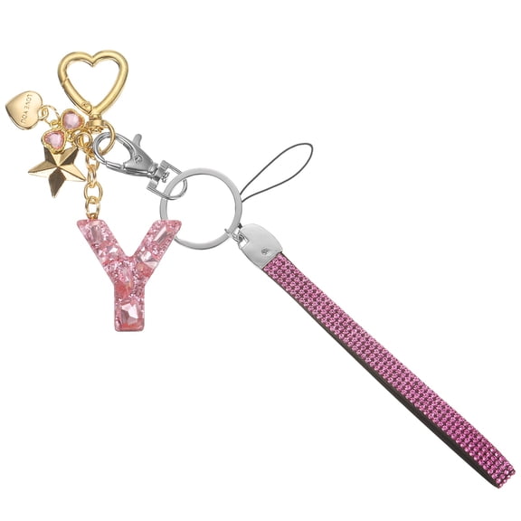 Uxcell Cute Initial Letter Keychain - Bling Love Heart Star Keychains Women Key Chain with Wristlet for Bag Backpack Purse Car Keys Cup Accessories, Pink (Letter-Y)
