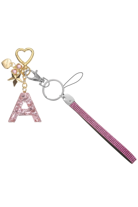 Cute Initial Letter Keychain - Bling Love Heart Star Keychains Women Key Chain with Wristlet for Bag Backpack Purse Car Keys Cup Accessories, Pink (Letter-A)