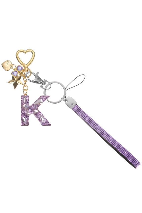 Cute Initial Letter Keychain - Bling Love Heart Star Keychains Women Key Chain with Wristlet for Bag Backpack Purse Car Keys Cup Accessories, Purple (Letter-K)