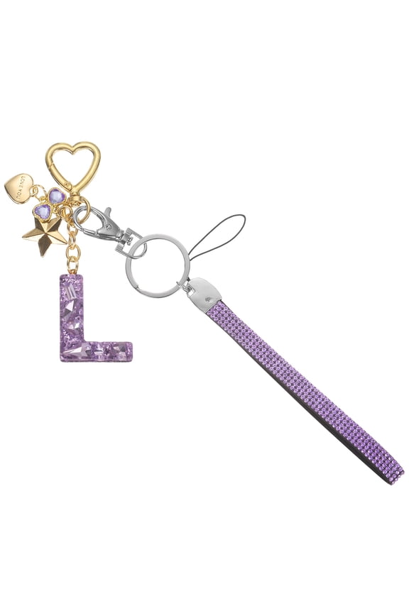 Cute Initial Letter Keychain - Bling Love Heart Star Keychains Women Key Chain with Wristlet for Bag Backpack Purse Car Keys Cup Accessories, Purple (Letter-L)