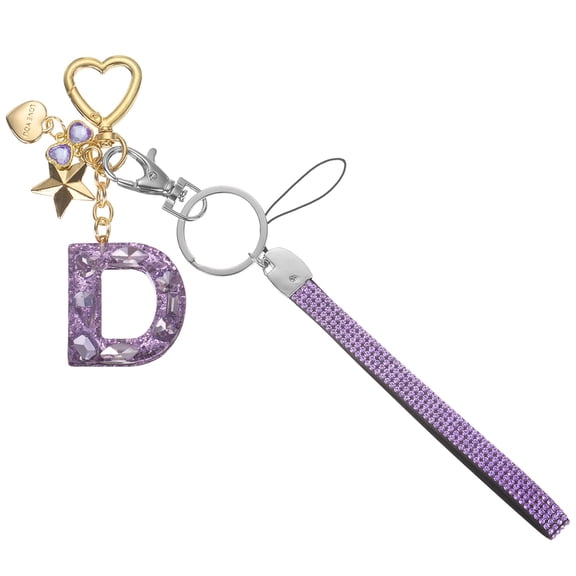 Uxcell Cute Initial Letter Keychain - Bling Love Heart Star Keychains Women Key Chain with Wristlet for Bag Backpack Purse Car Keys Cup Accessories, Purple (Letter-D)