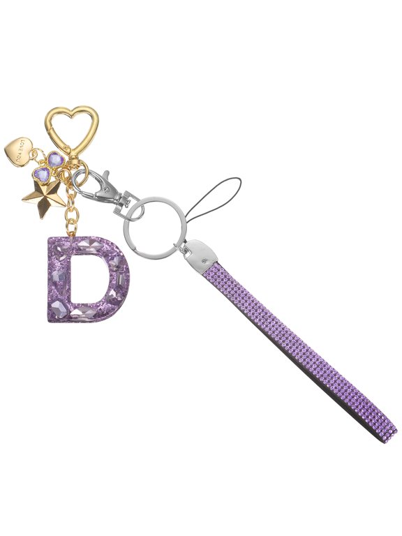 Cute Initial Letter Keychain - Bling Love Heart Star Keychains Women Key Chain with Wristlet for Bag Backpack Purse Car Keys Cup Accessories, Purple (Letter-D)