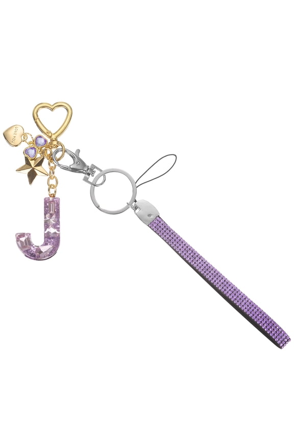 Cute Initial Letter Keychain - Bling Love Heart Star Keychains Women Key Chain with Wristlet for Bag Backpack Purse Car Keys Cup Accessories, Purple (Letter-J)