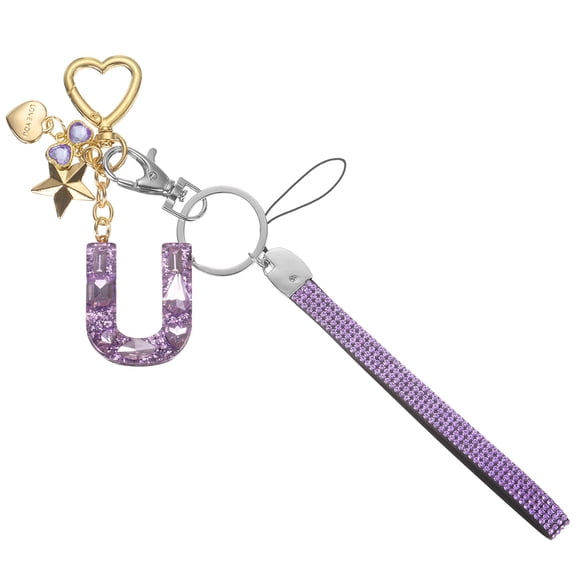 Uxcell Cute Initial Letter Keychain - Bling Love Heart Star Keychains Women Key Chain with Wristlet for Bag Backpack Purse Car Keys Cup Accessories, Purple (Letter-U)